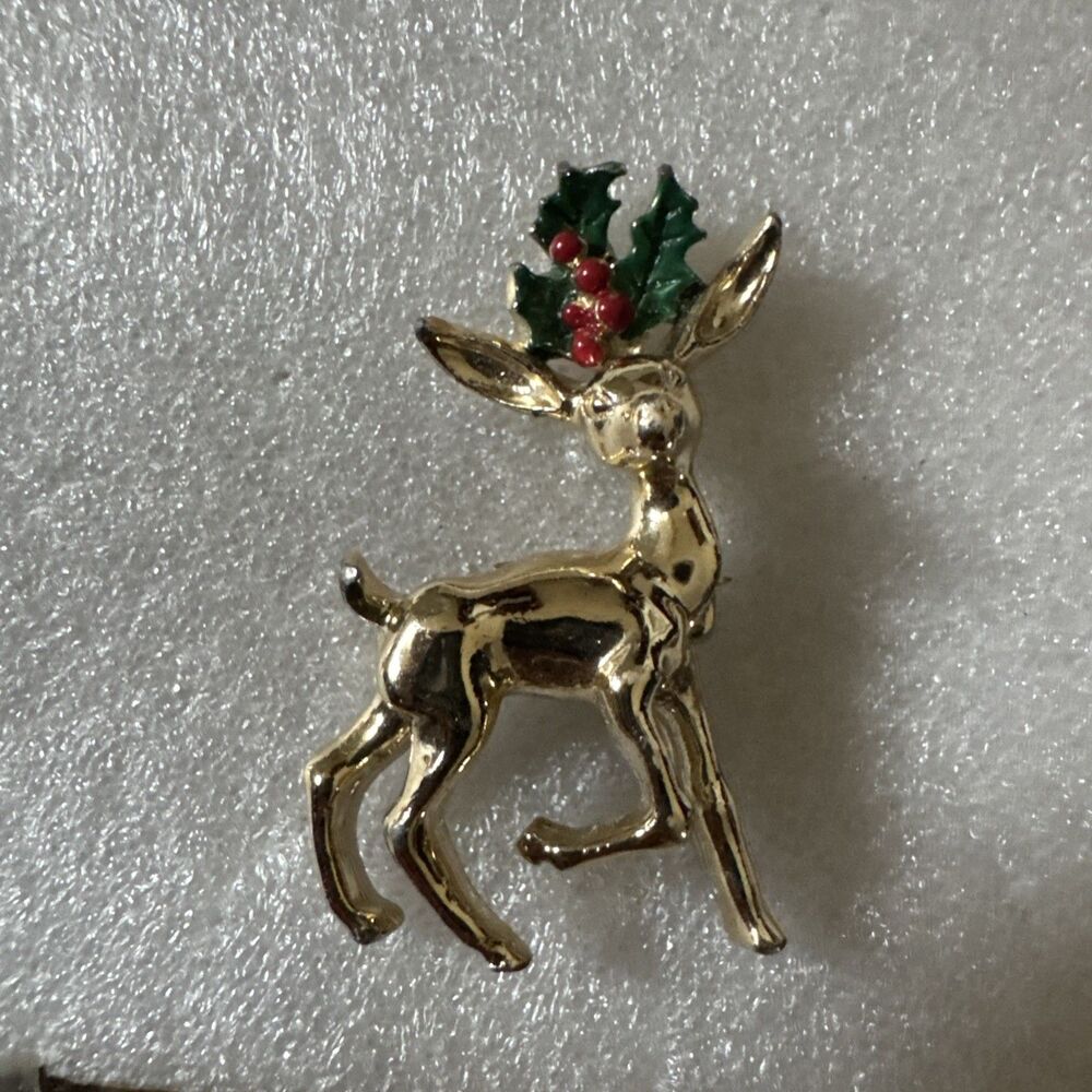 Vintage 60's Signed GERRY'S Christmas Rudolph REINDEER Holly Antlers Pin Brooch